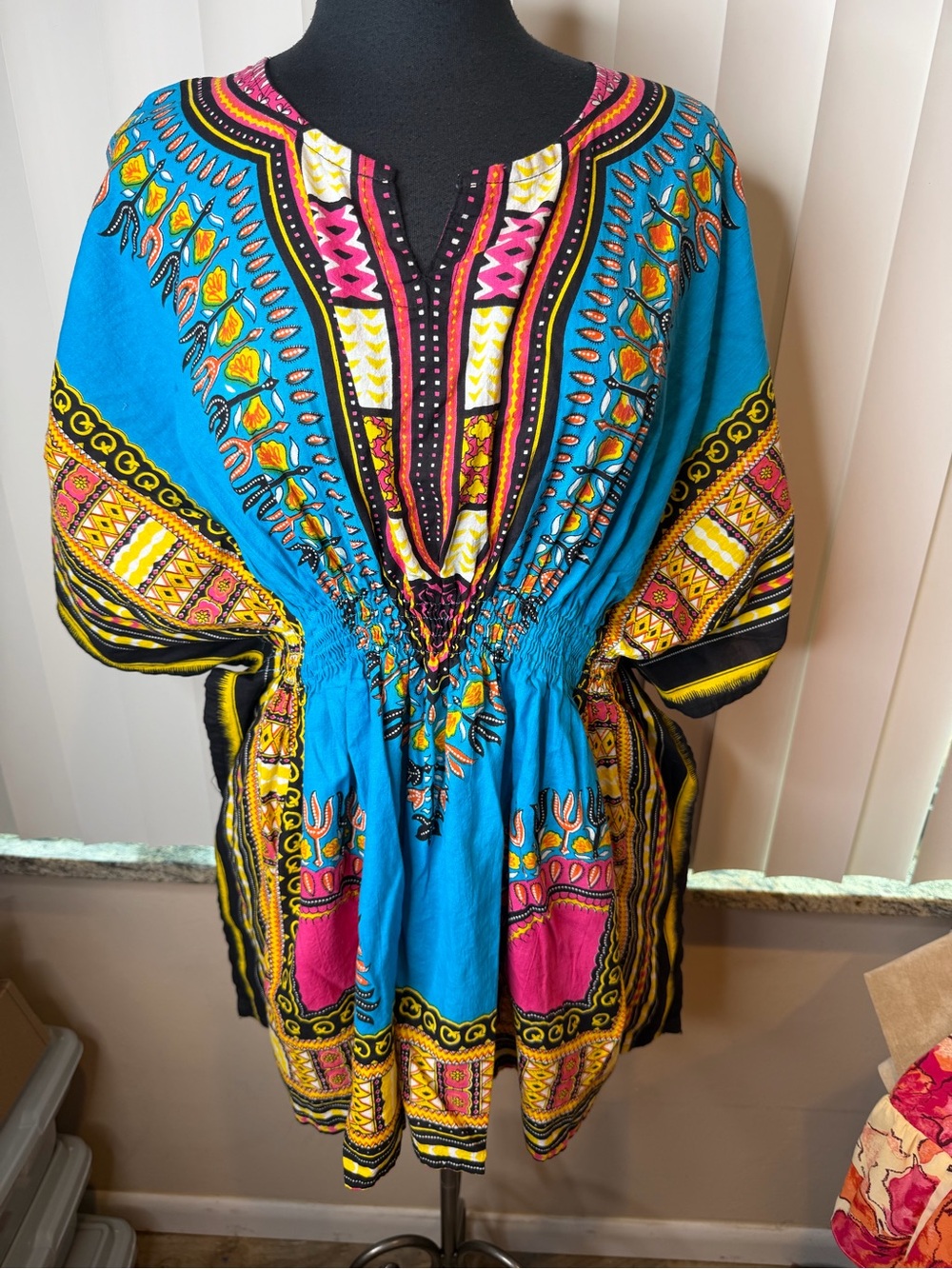 Jessica Taylor Vibrant Turquoise Boho V-Neck Tunic Hippie Retro Top Size Medium - Picture 3 of 8
